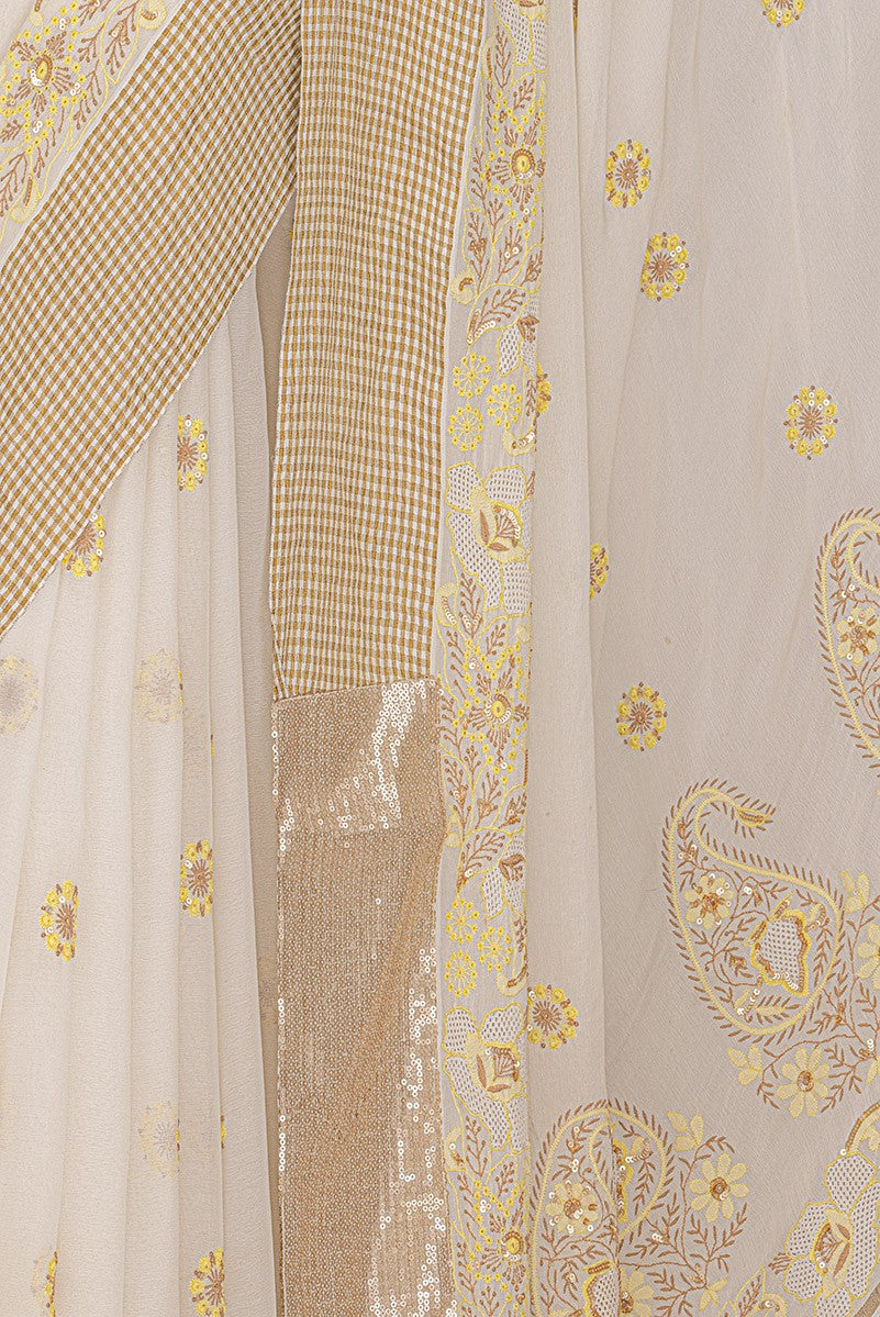 Ada Hand Embroidered Off White Pure Georgette Lucknowi Chikankari Saree/Blouse with Sequinned Work- A173764