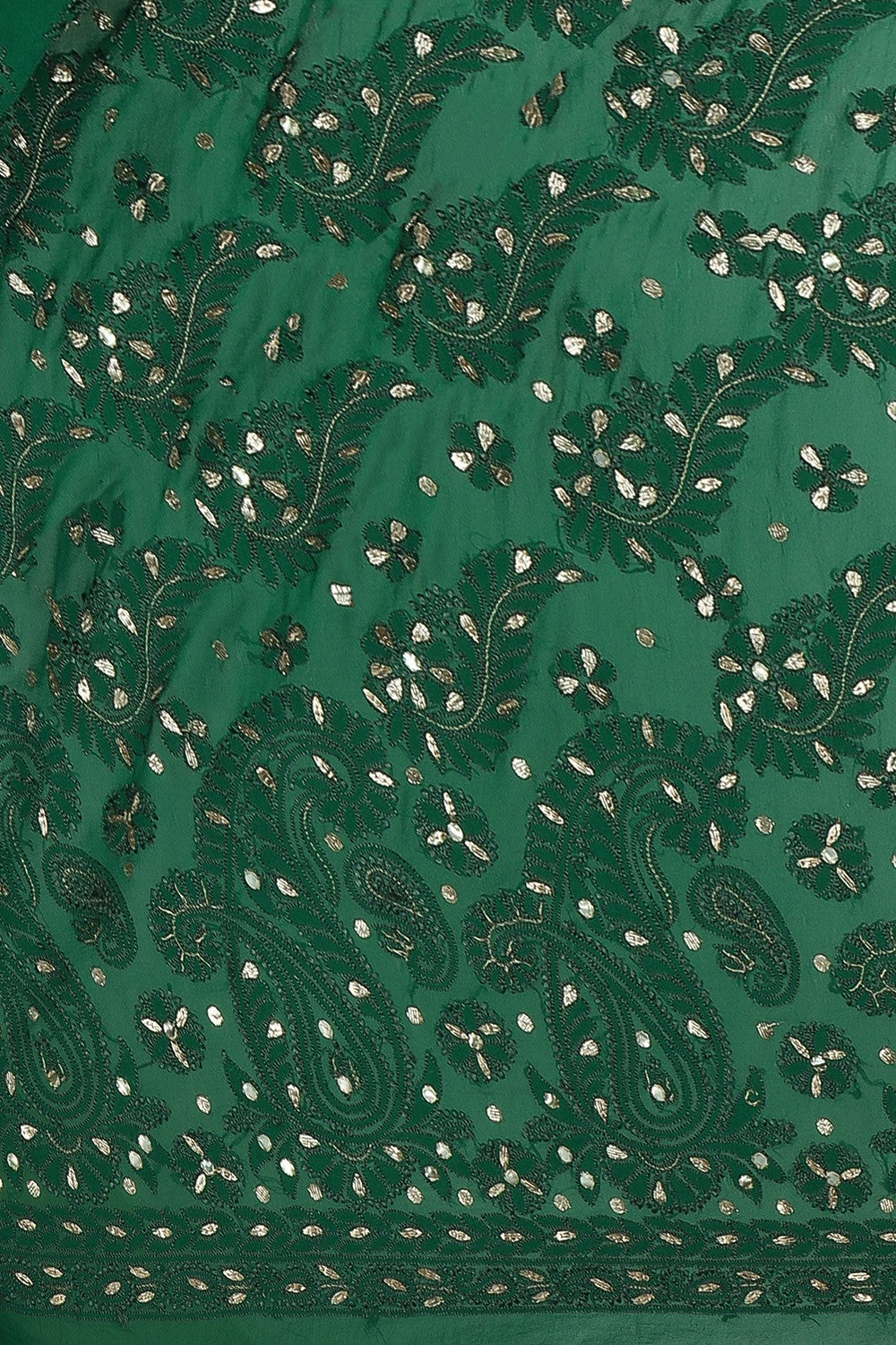 Ada Hand Embroidered Bottle Green Pure Georgette Lucknowi Chikankari Saree With Blouse with Gota Patti Work A619745