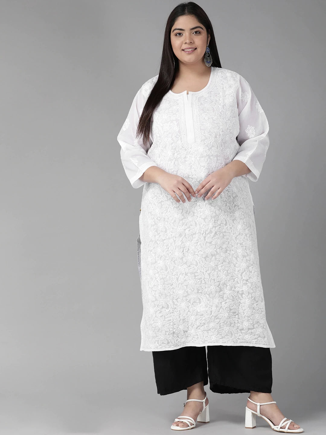Ada Hand Embroidered White Cotton Lucknowi Chikankari Straight Kurta A411181