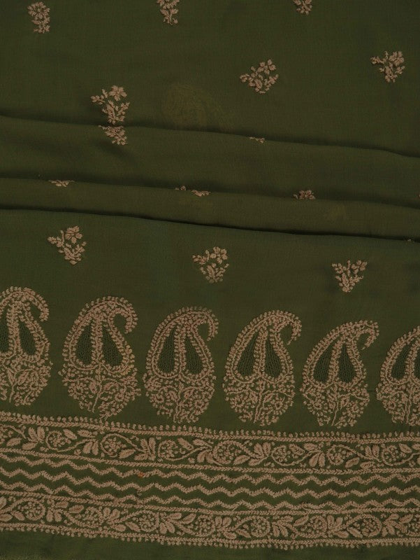 Ada Hand Embroidered Sage Green Georgette Lucknowi Chikan Unstitched Kurta Piece A316173