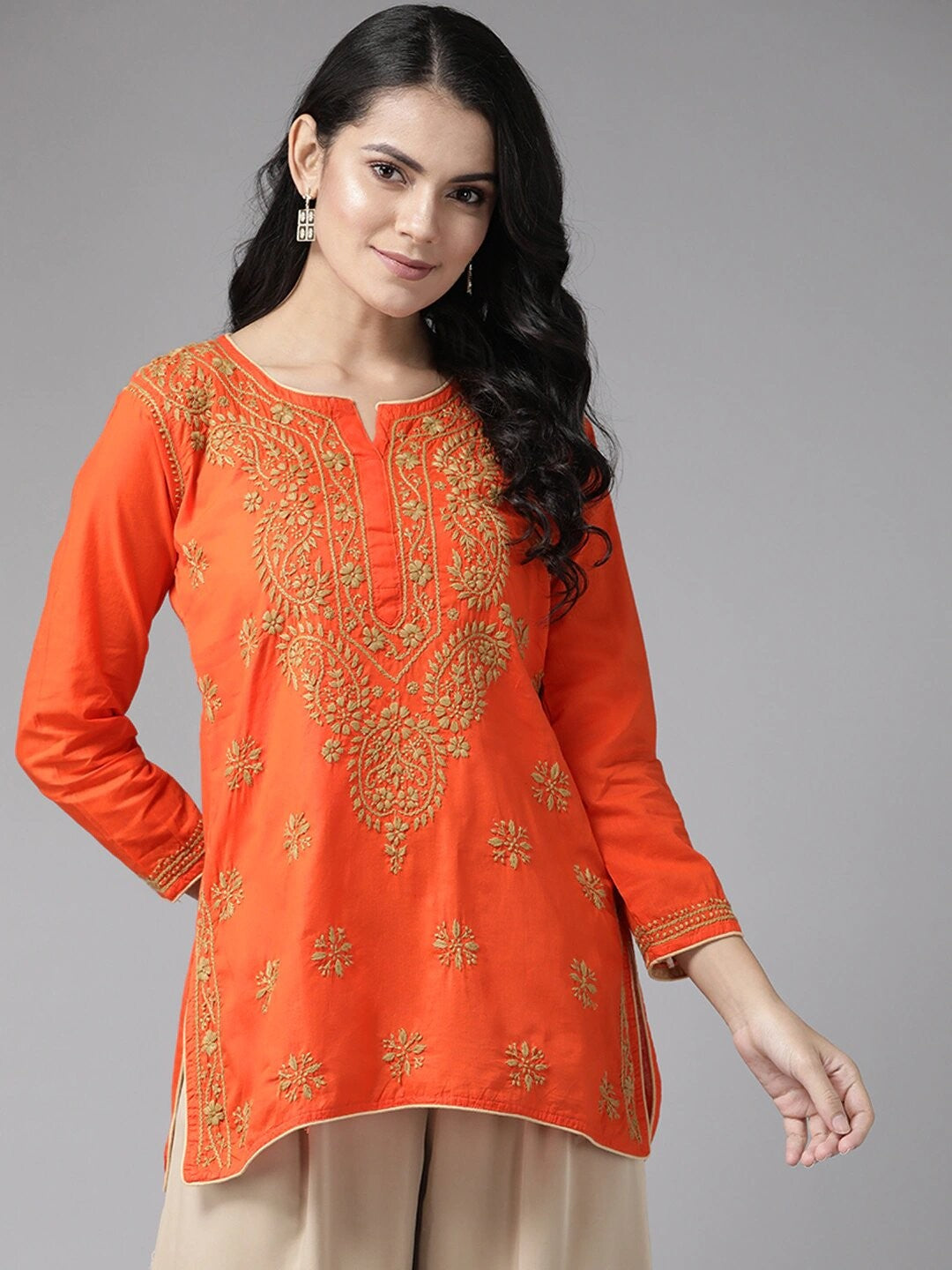 Ada Hand Embroidered Orange Cotton Lucknowi Chikankari Short Kurti A250565