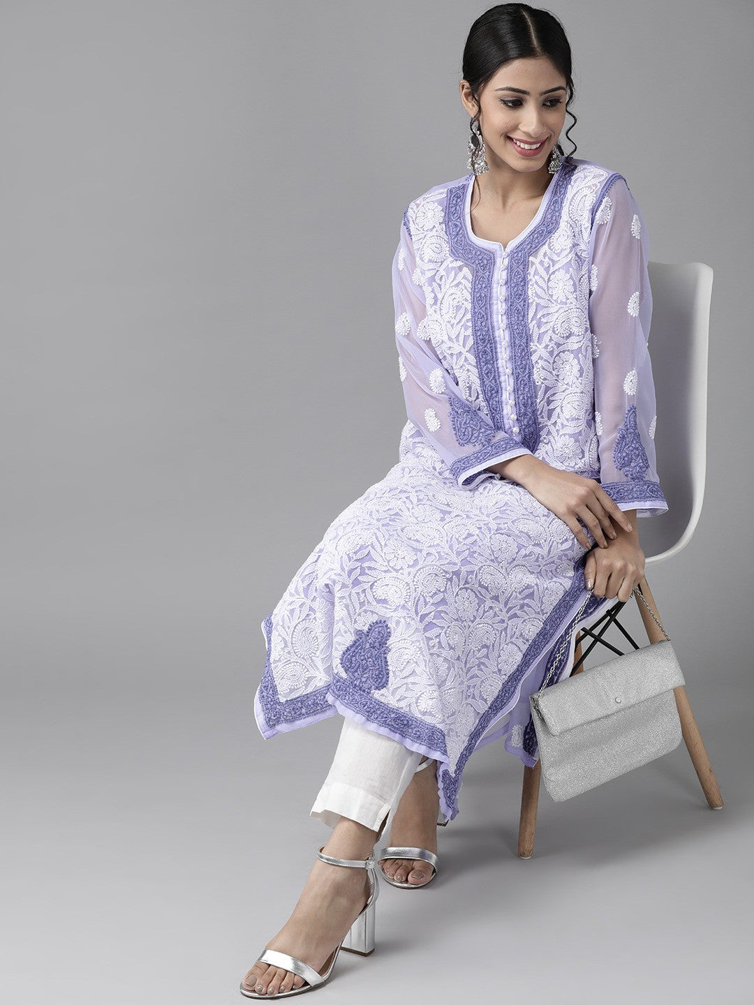 Ada Hand Embroidered Mauve Georgette Lucknowi Chikankari Straight Kurta with Slip A223974