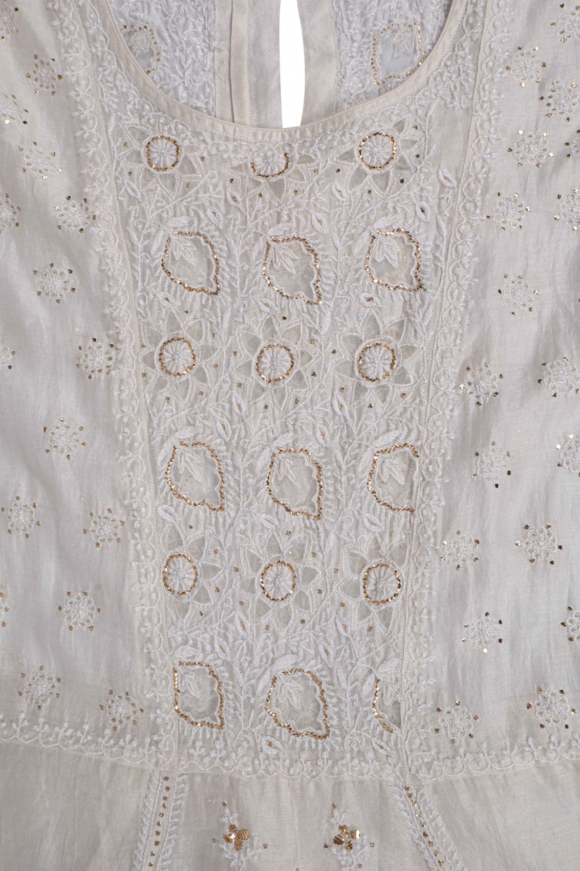 Ada Hand Embroidered Off White Chanderi Lucknowi Chikankari Semi Stitched Anarkali Kurta Dupatta Set With Muqaish Work 01A107812