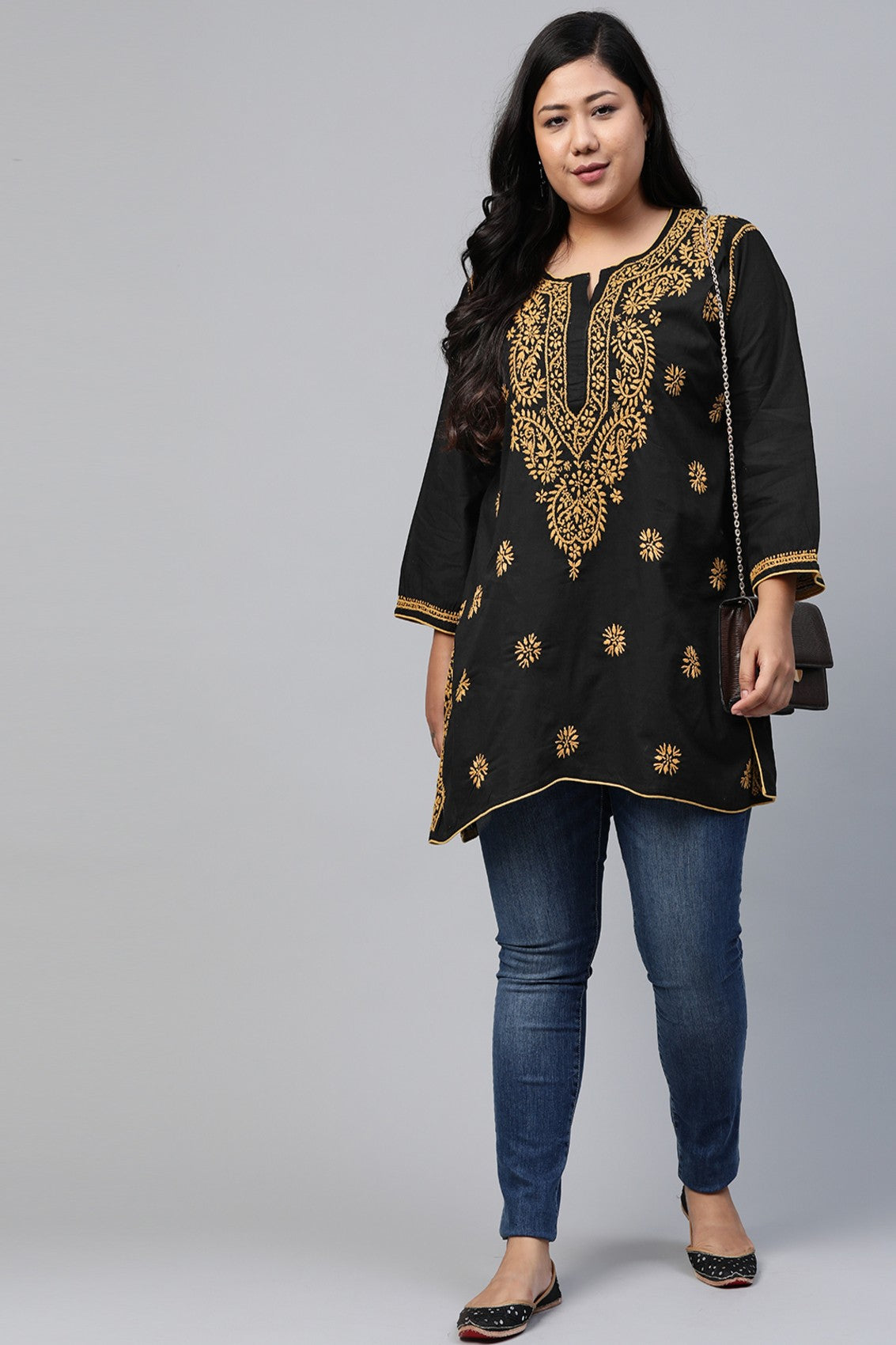 Ada Hand Embroidered Black Cotton Lucknowi Chikankari Straight Kurti A250295