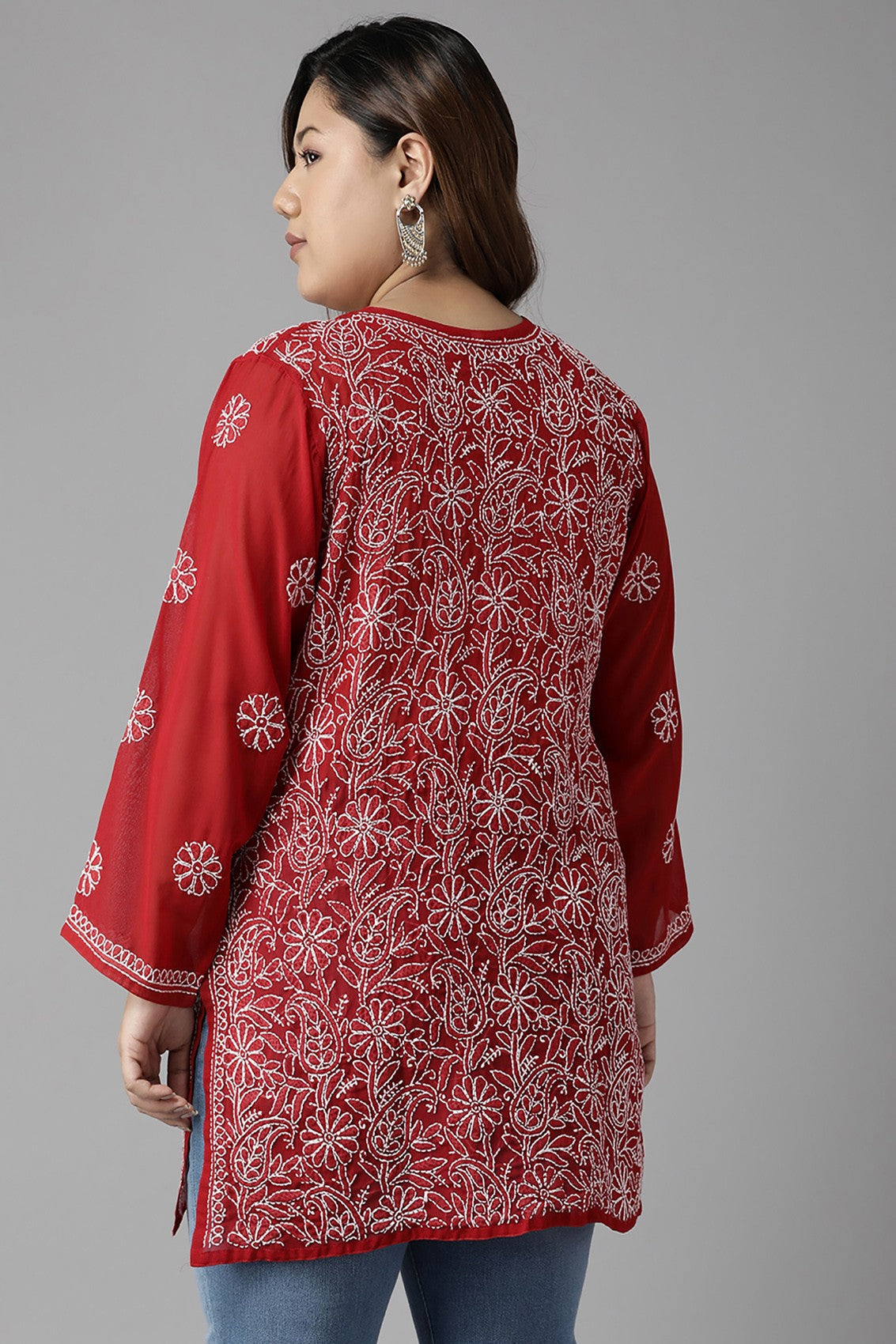 Ada Hand Embroidered Red Georgette Lucknowi Chikankari Straight Kurti A911230