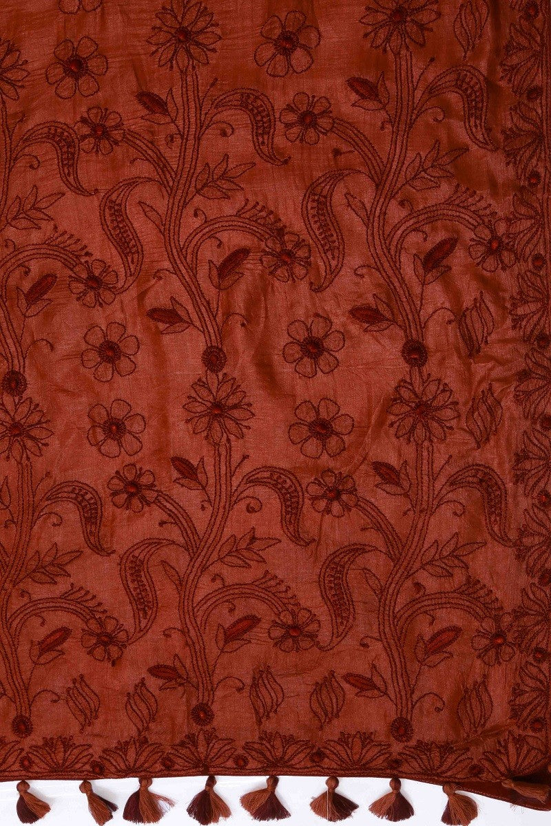 Ada Hand Embroidered Rust Tusser Silk Lucknowi Chikankari Saree With Blouse - A485266