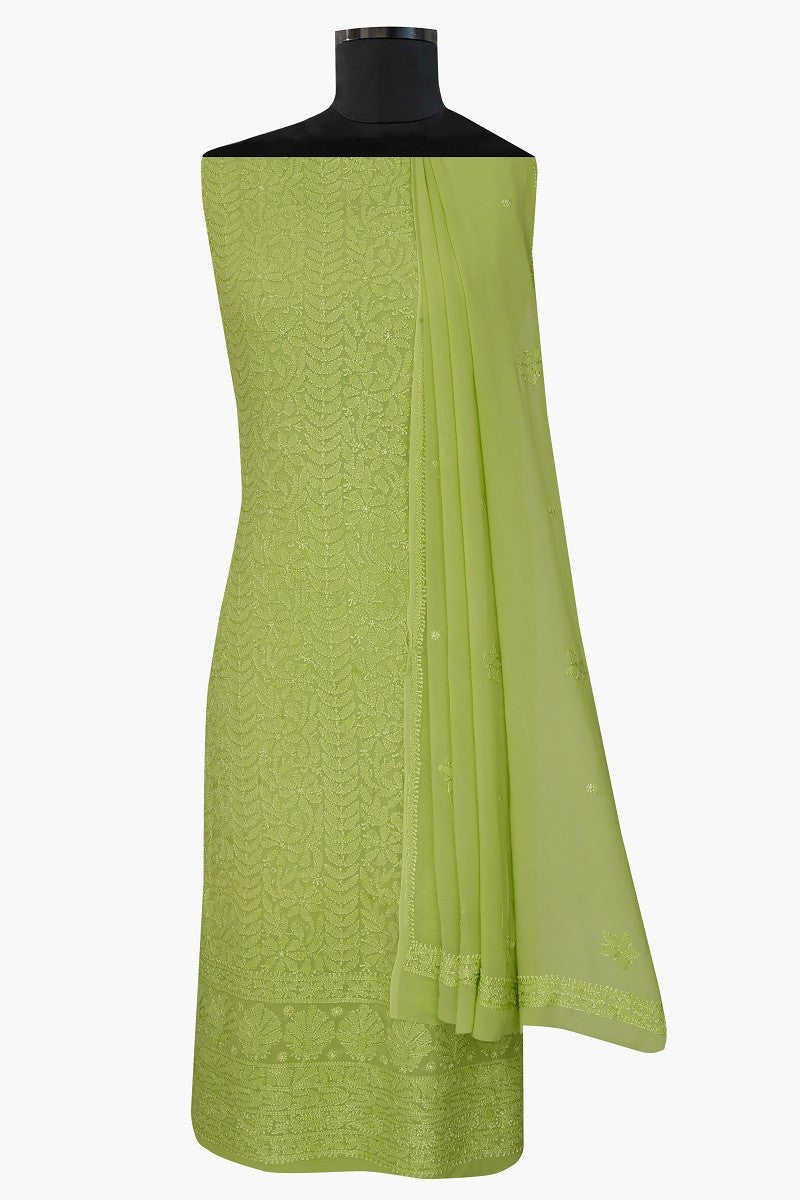 Ada Hand Embroidered Green Georgette Lucknowi Chikan Unstitched Kurta Dupatta Set A571718