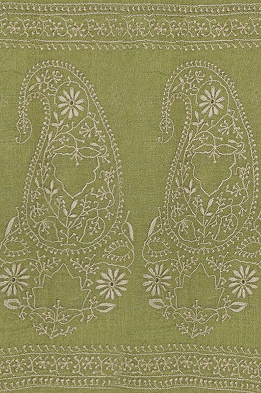 Ada Hand Embroidered Pear Green Tissue Lucknowi Chikankari Saree With Blouse- A615160