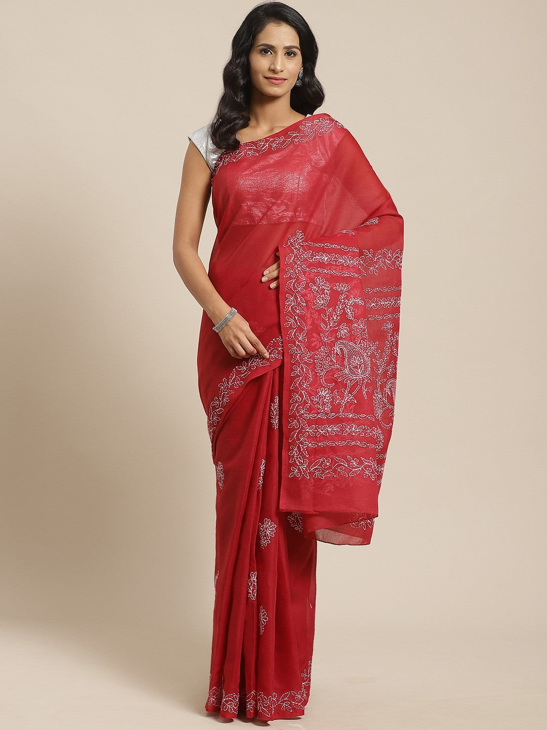 Ada Hand Embroidered Maroon Cotton Lucknow Chikan Saree With Blouse- A311131