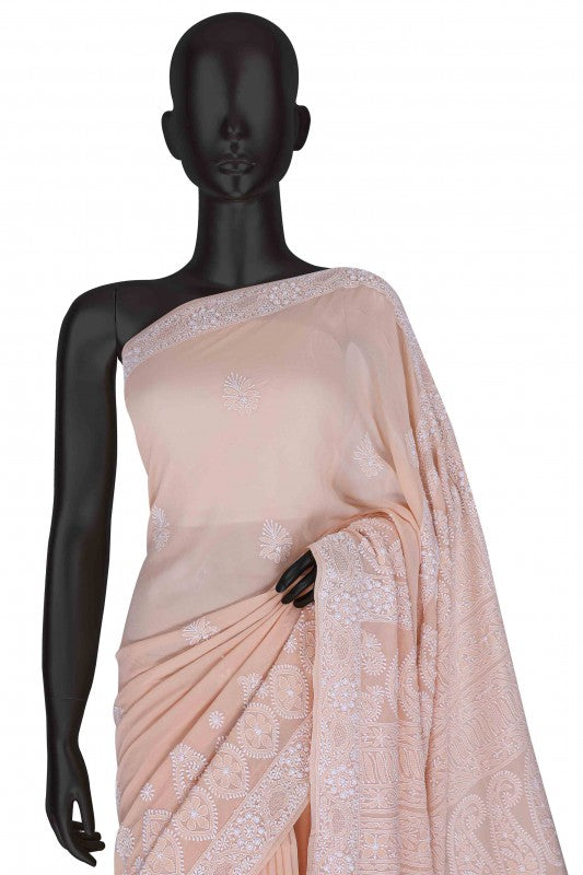 Ada Hand Embroidered Peach Pure Georgette Lucknow Chikan Saree With Blouse- A594620
