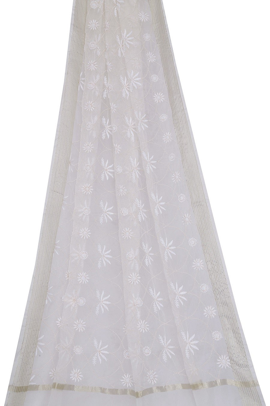 Ada Hand Embroidered White Organza Chikan Dupatta- A615365