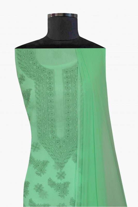 Ada Hand Embroidered Sea Green Cotton Lucknowi Chikan Unstitched Suit Piece-A211141