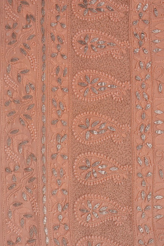 Ada Hand Embroidered Peach Georgette Lucknowi Chikan Unstitched Kurta Piece With Gota Patti Work A541972