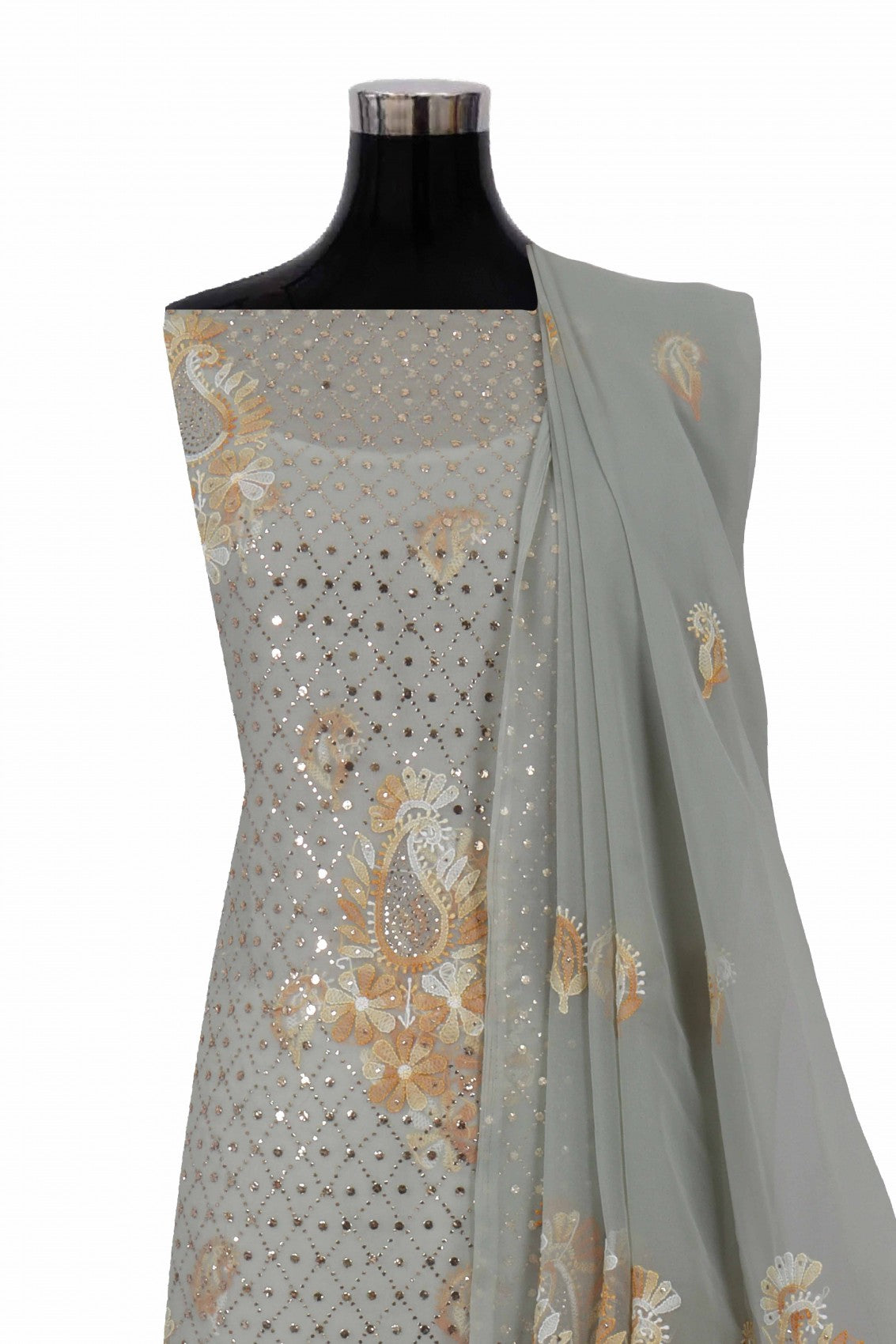 Ada Hand Embroidered Grey Georgette Lucknowi Chikankari Unstitched Suit Piece With Muqaish Work 01A211559