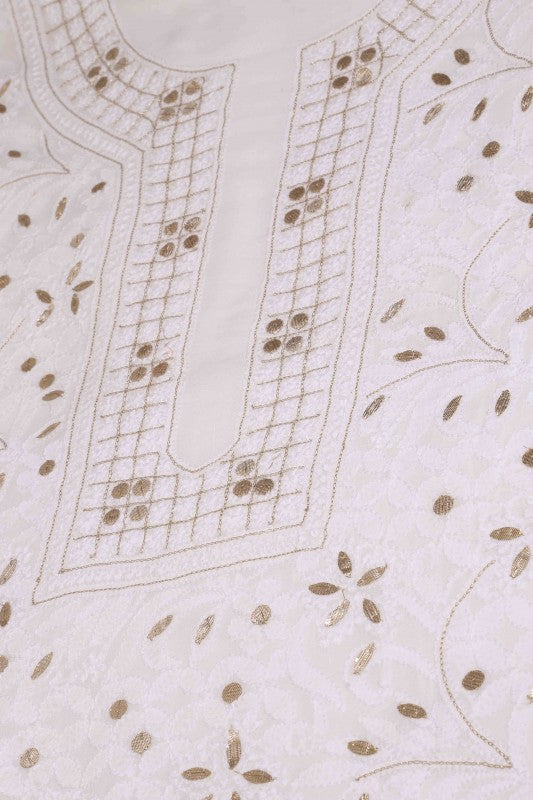 Ada Hand Embroidered White Georgette Chikan Unstitched Kurta Piece- A619732