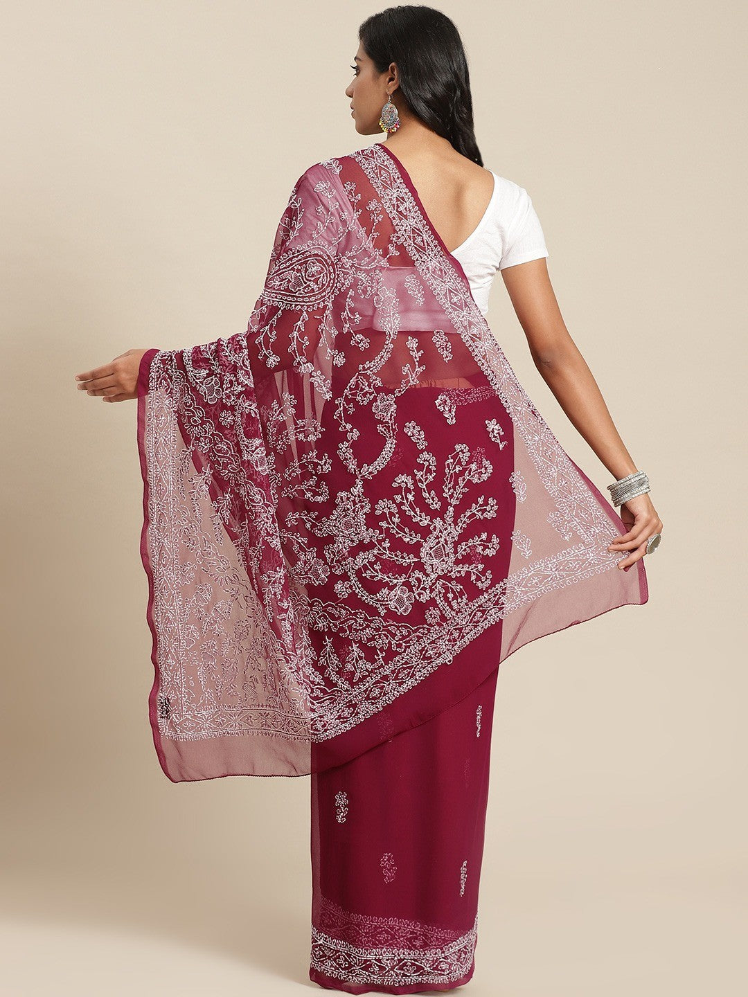 Ada Hand Embroidered Wine Georgette Lucknow Chikan Saree With Blouse-A311346