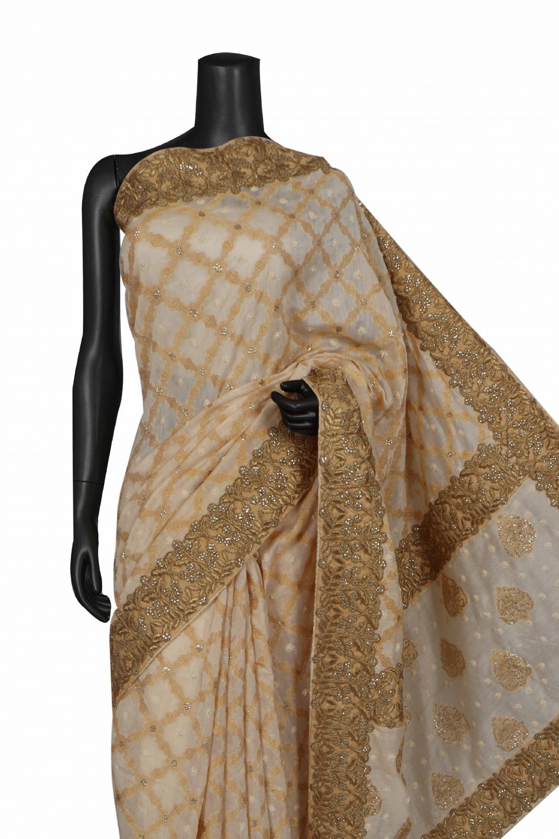 Ada Hand Embroidered Fawn Chanderi Lucknowi Chikankari Saree With Blouse With Zari Work A302299