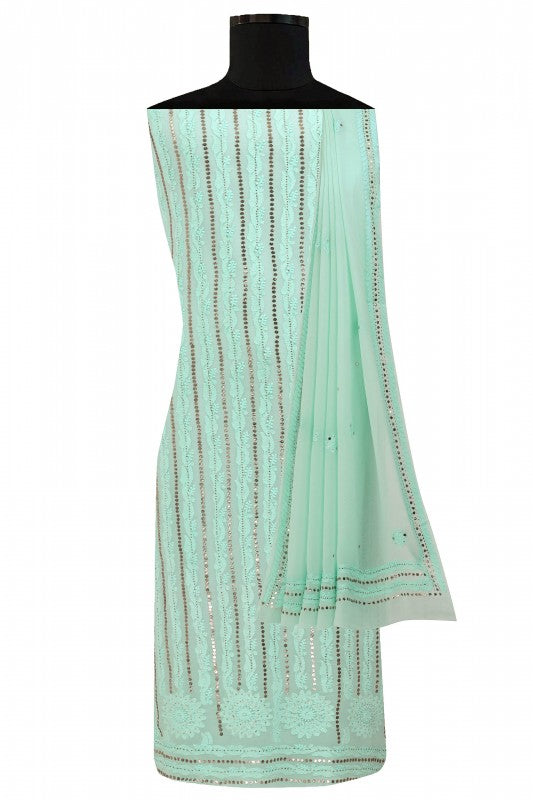 Ada Hand Embroidered Sea Green Pure Georgette Lucknowi Chikan Unstitched Kurta Dupatta Set With Muqaish Work- A561303