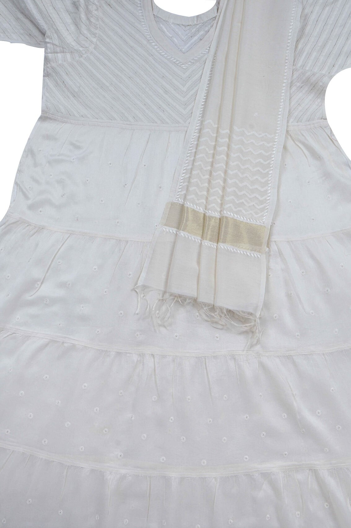Ada Hand Embroidered White Chanderi Lucknowi Chikankari Unstitched Kurta Dupatta Set With Zari Work A628809