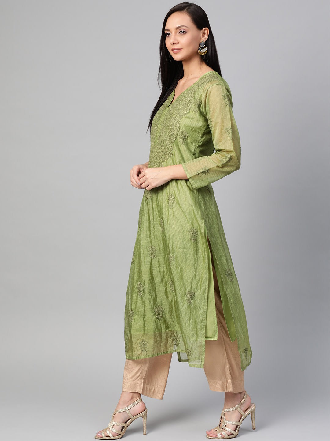 Ada Hand Embroidered Green Kota Lucknowi Chikan Straight Kurta Slip With Muqaish Work- A100485