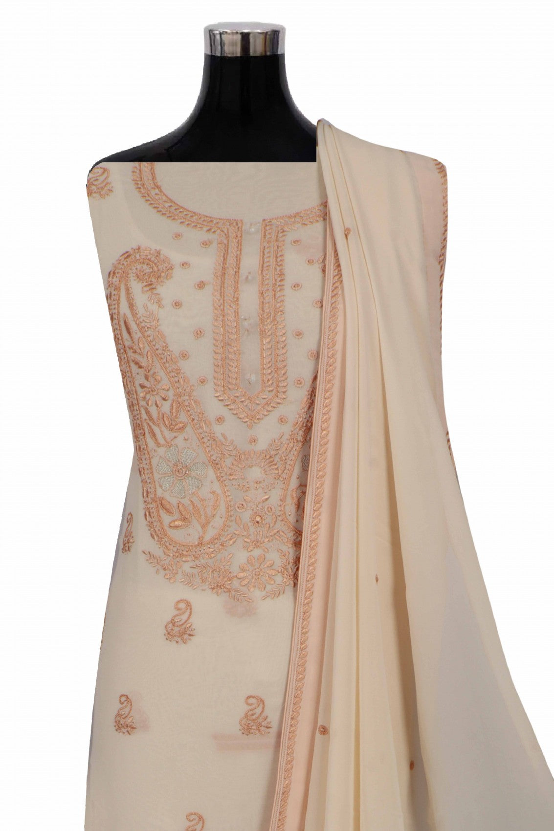Ada Hand Embroidered Beige Pure Georgette Lucknowi Chikankari Unstitched Kurta Dupatta Set With Zari Work AA411297