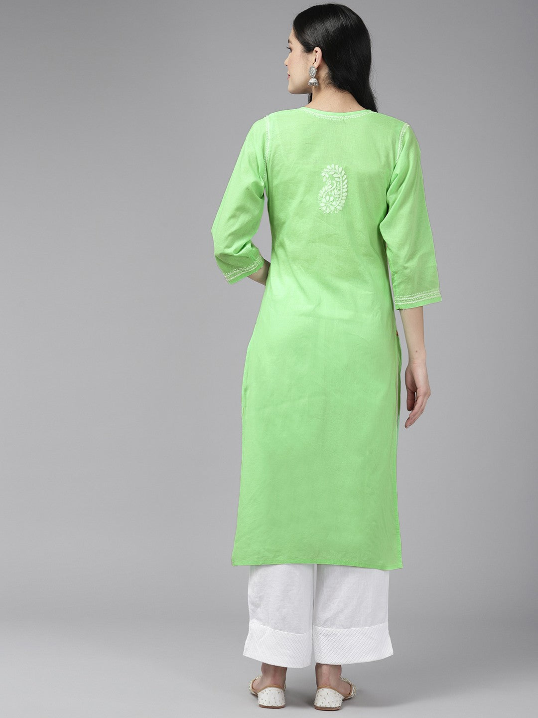 Ada Hand Embroidered Green Cotton Lucknowi Chikankari Straight Kurta A411423