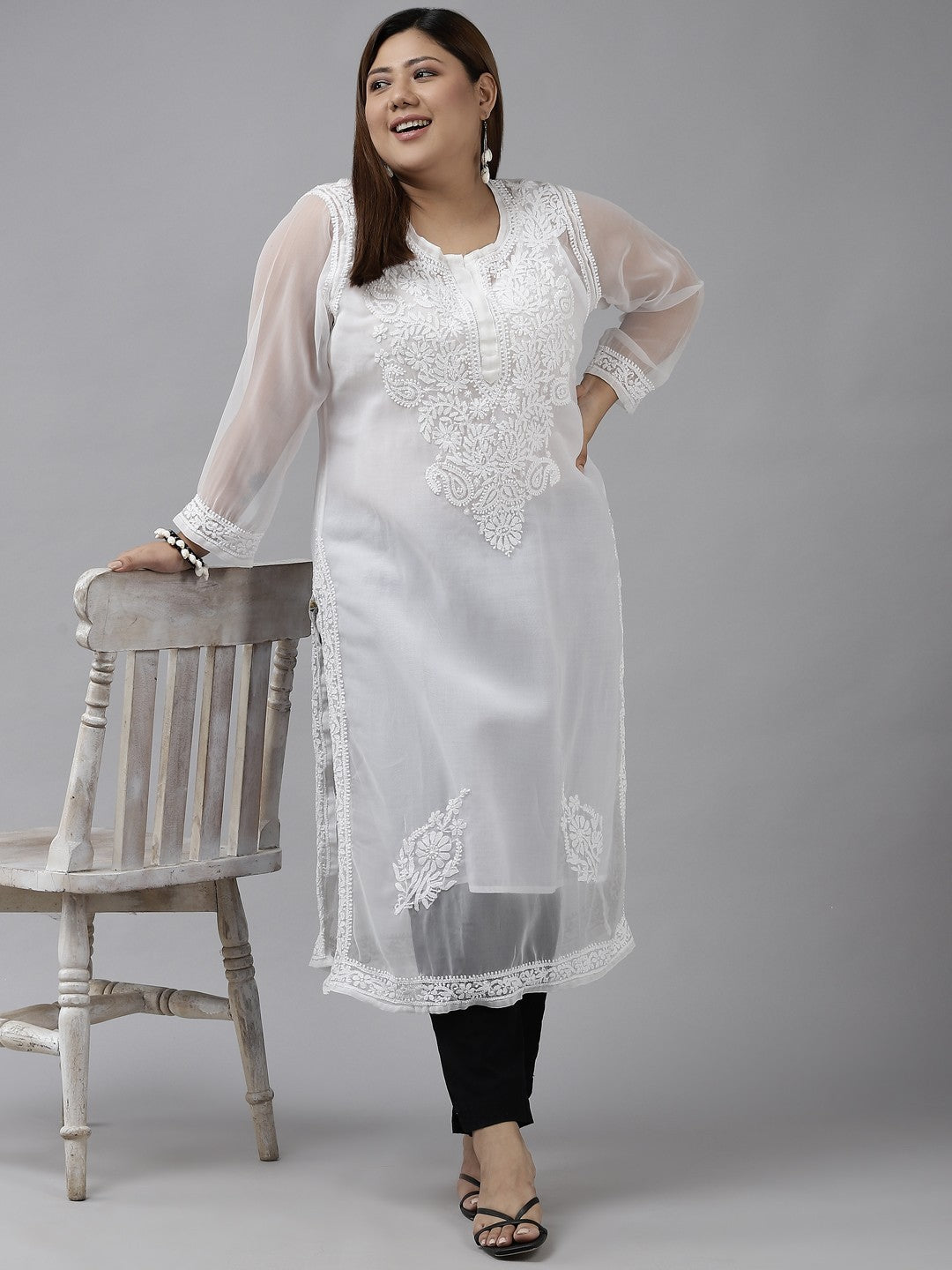 Ada Hand Embroidered White Georgette Lucknow Chikan Straight Kurta With Slip A411296
