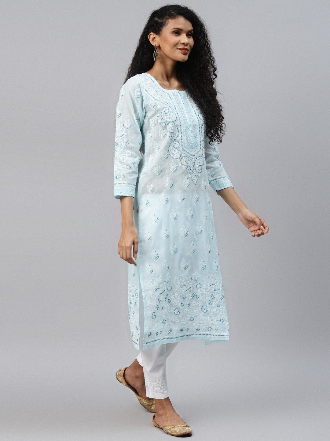 Ada Hand Embroidered Blue Cotton Lucknowi Chikankari Straight Kurta Set A811201