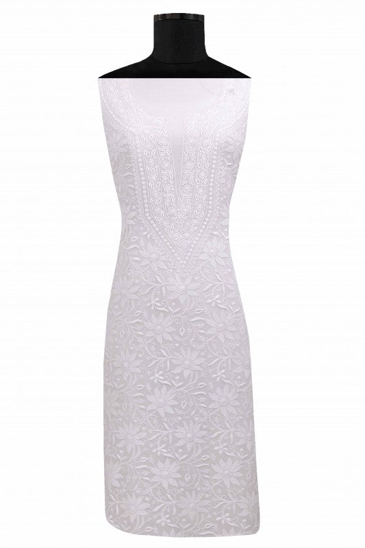 Ada Hand Embroidered White Pure Georgette Lucknowi Chikan Unstitched Kurta Dupatta Set A385943