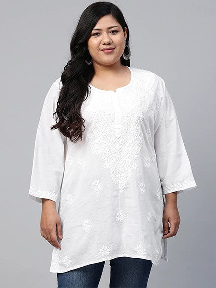 Ada Hand Embroidered White Cotton Lucknowi Chikankari Short Kurti A359765