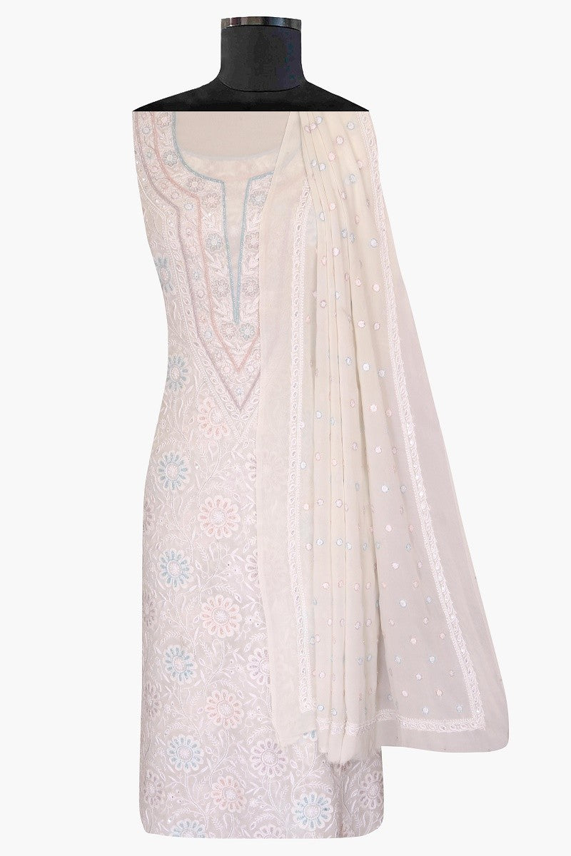 Ada Hand Embroidered White Pure Georgette Lucknowi Chikan Unstitched Kurta Dupatta Set With Pearl & Sequinnned Work-A453585