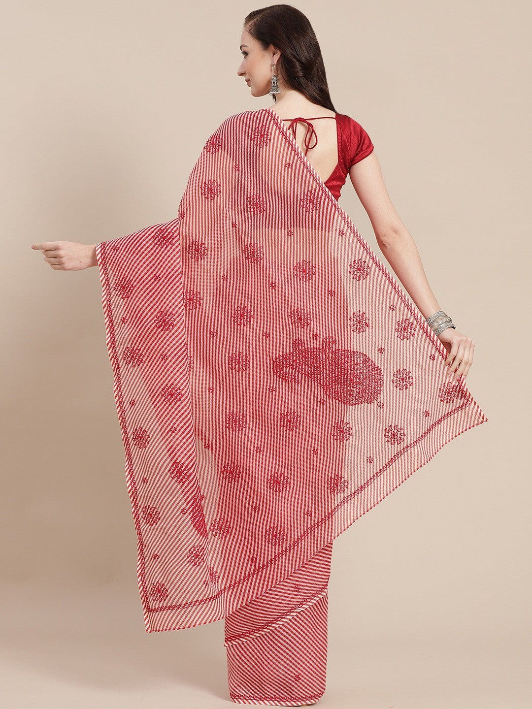 Ada Hand Embroidered Red Kota Lucknow Chikan Saree With Blouse A311352
