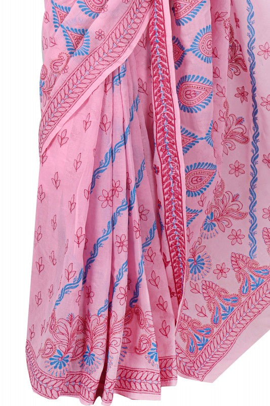 Ada Hand Embroidered Pink Cotton Lucknowi Chikankari Saree With Blouse A186039