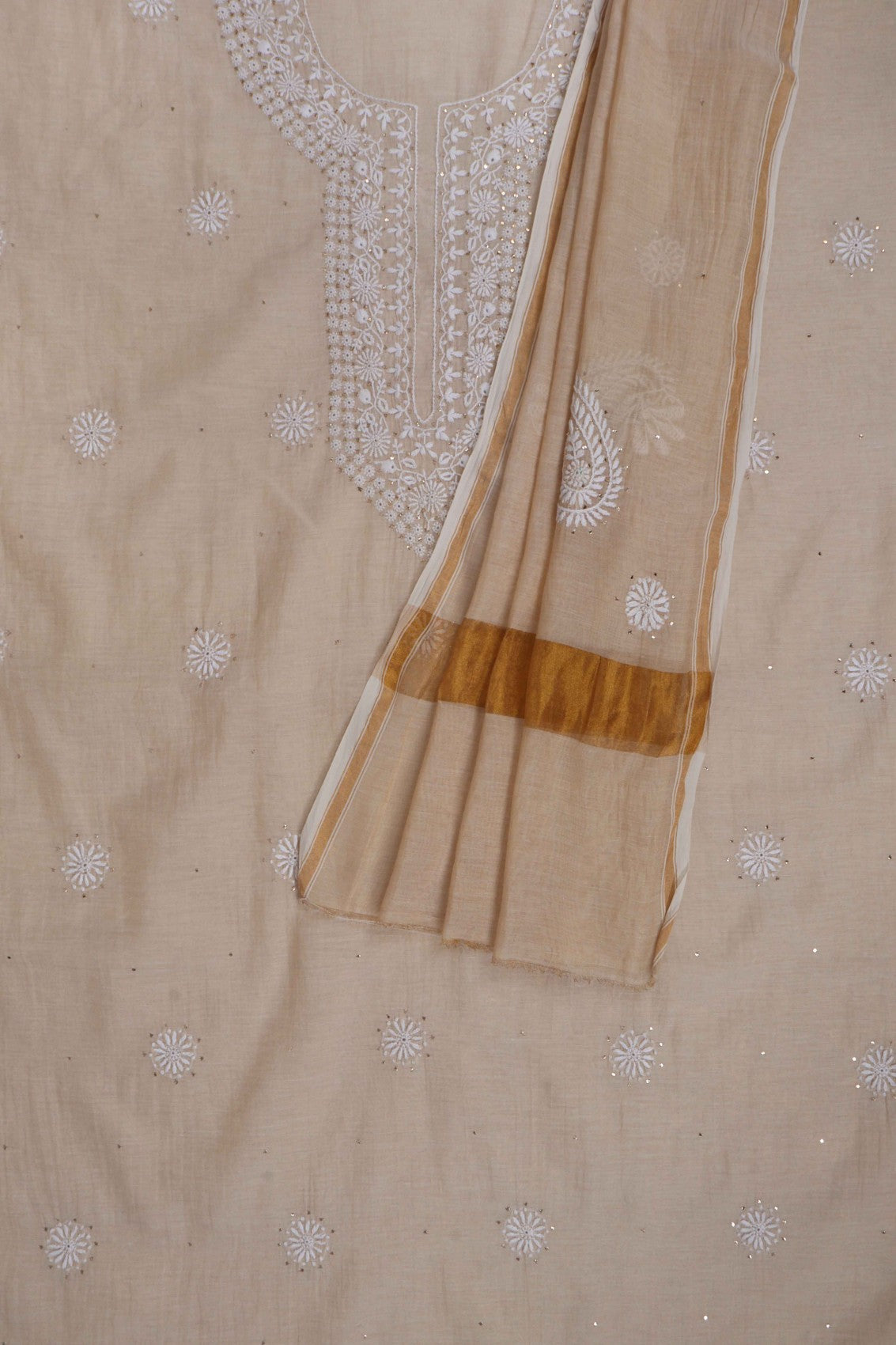 Ada Hand Embroidered Natural Fawn Tissue Lucknowi Chikankari Unstitched Kurta Dupatta Set With Muqaish Work 01A196056