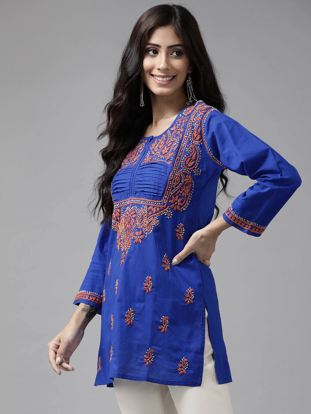 Ada Hand Embroidered Royal Blue Cotton Lucknow Chikan Kurti–A226846