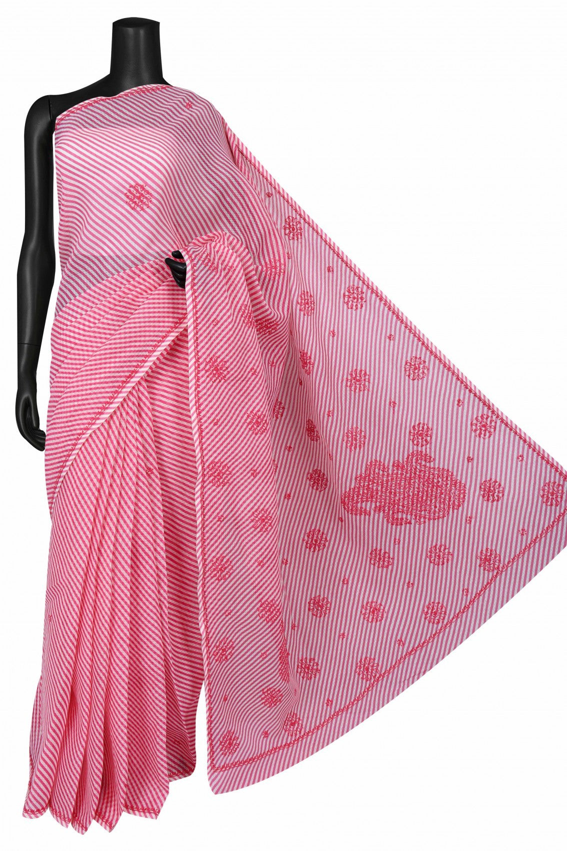 Ada Hand Embroidered Carrot Pink Kota Lucknow Chikan Saree With Blouse A311353