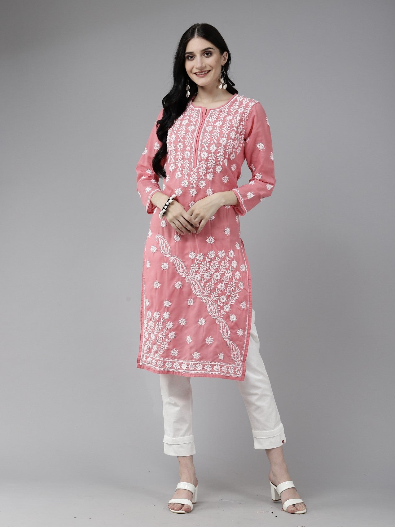 Ada Hand Embroidered Peach Cotton Lucknow Chikankari Straight Kurta A411401