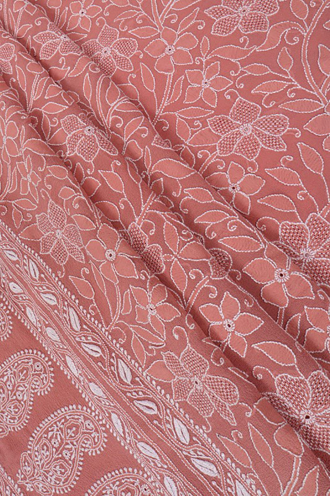 Ada Hand Embroidered Peach Pure Georgette Lucknowi Chikankari Unstitched Kurta Dupatta Set A489072