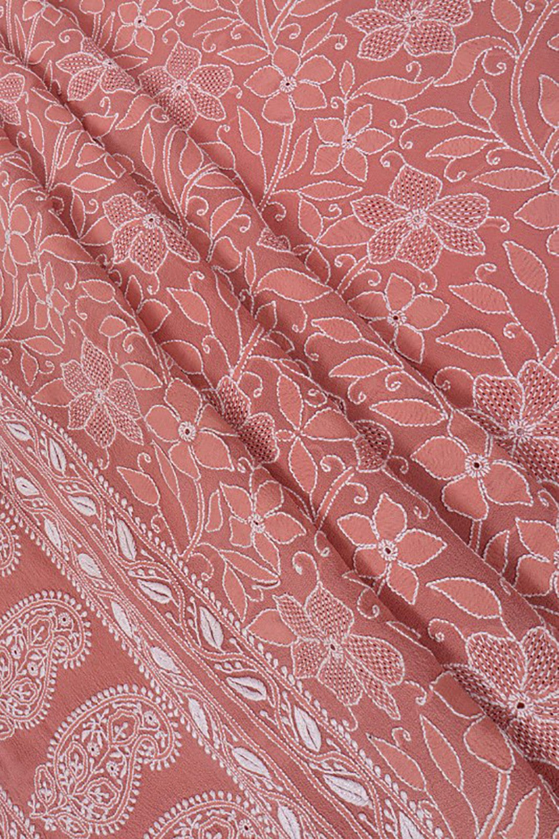Ada Hand Embroidered Peach Pure Georgette Lucknowi Chikankari Unstitched Kurta Dupatta Set A489072