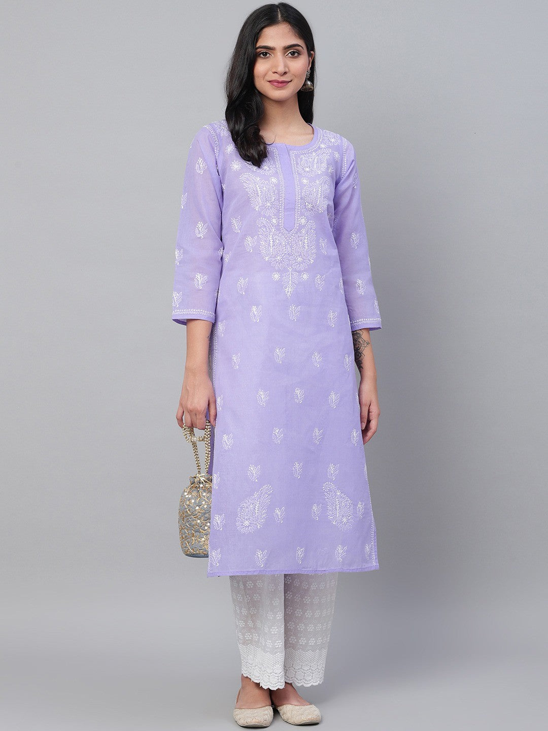 Ada Hand Embroidered Mauve Cotton Lucknow Chikankari Kurta A133617