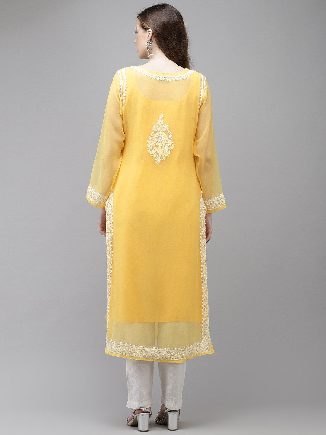 Ada Hand Embroidered Yellow Georgette Lucknow Chikan Kurta with Slip A411359