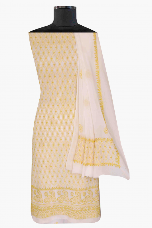 Ada Hand Embroidered Off White Pure Georgette Chikan Unstitched Kurta Dupatta Set-A457086