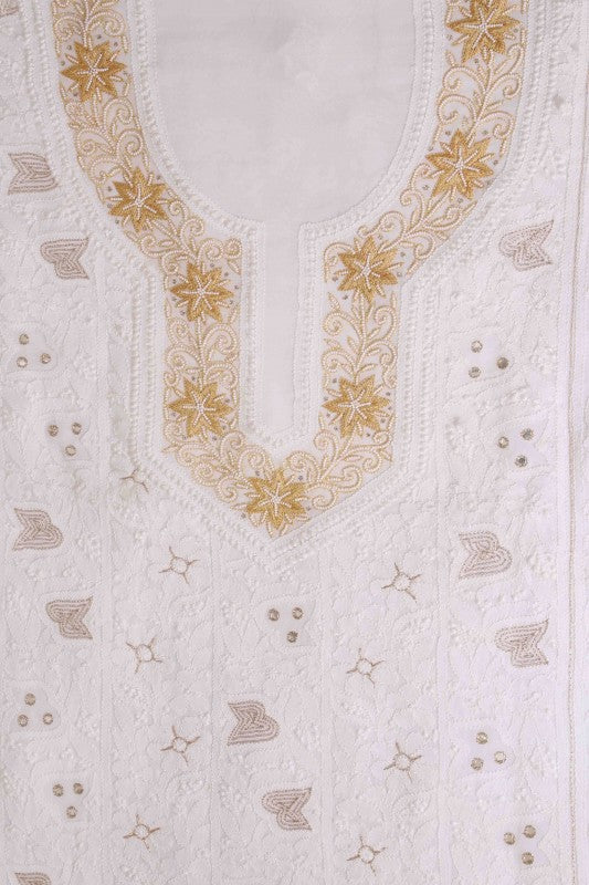 Ada Hand Embroidered White Georgette Lucknowi Chikan Unstitched Kurta Piece with Pearl Work A501433