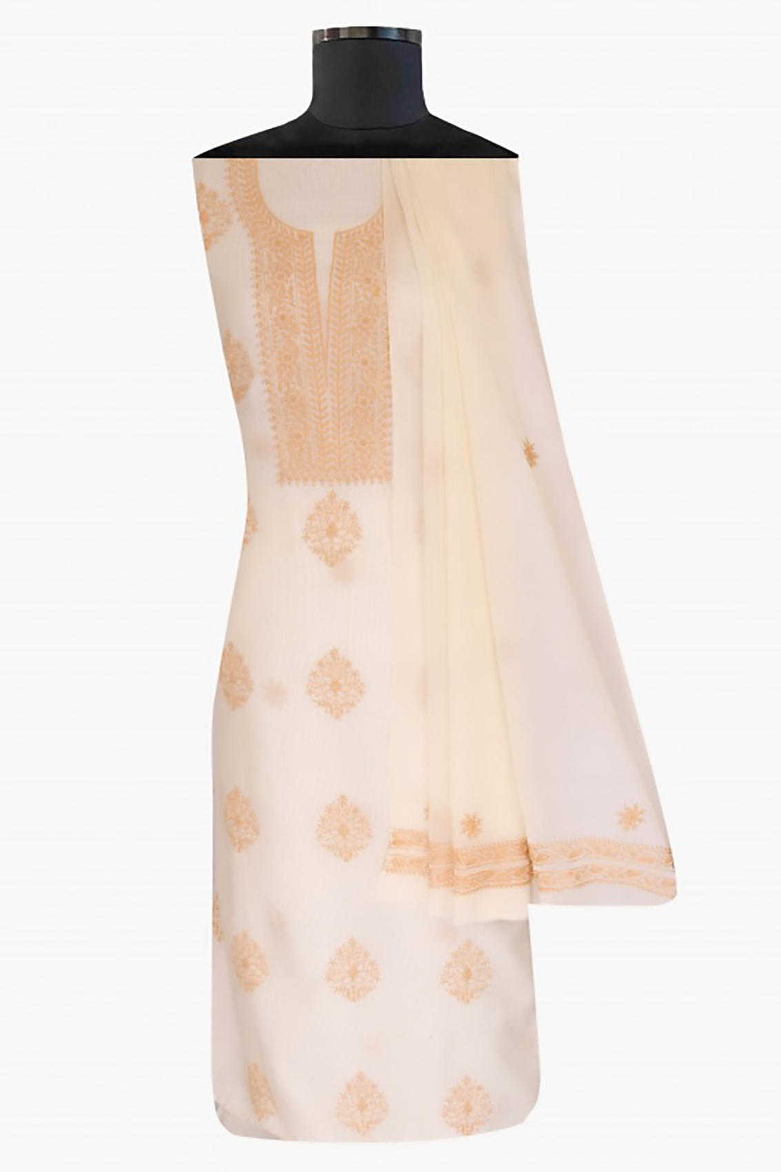 Ada Hand Embroidered Cream Chanderi Lucknowi Chikankari Unstitched Kurta Dupatta Set 01A10301