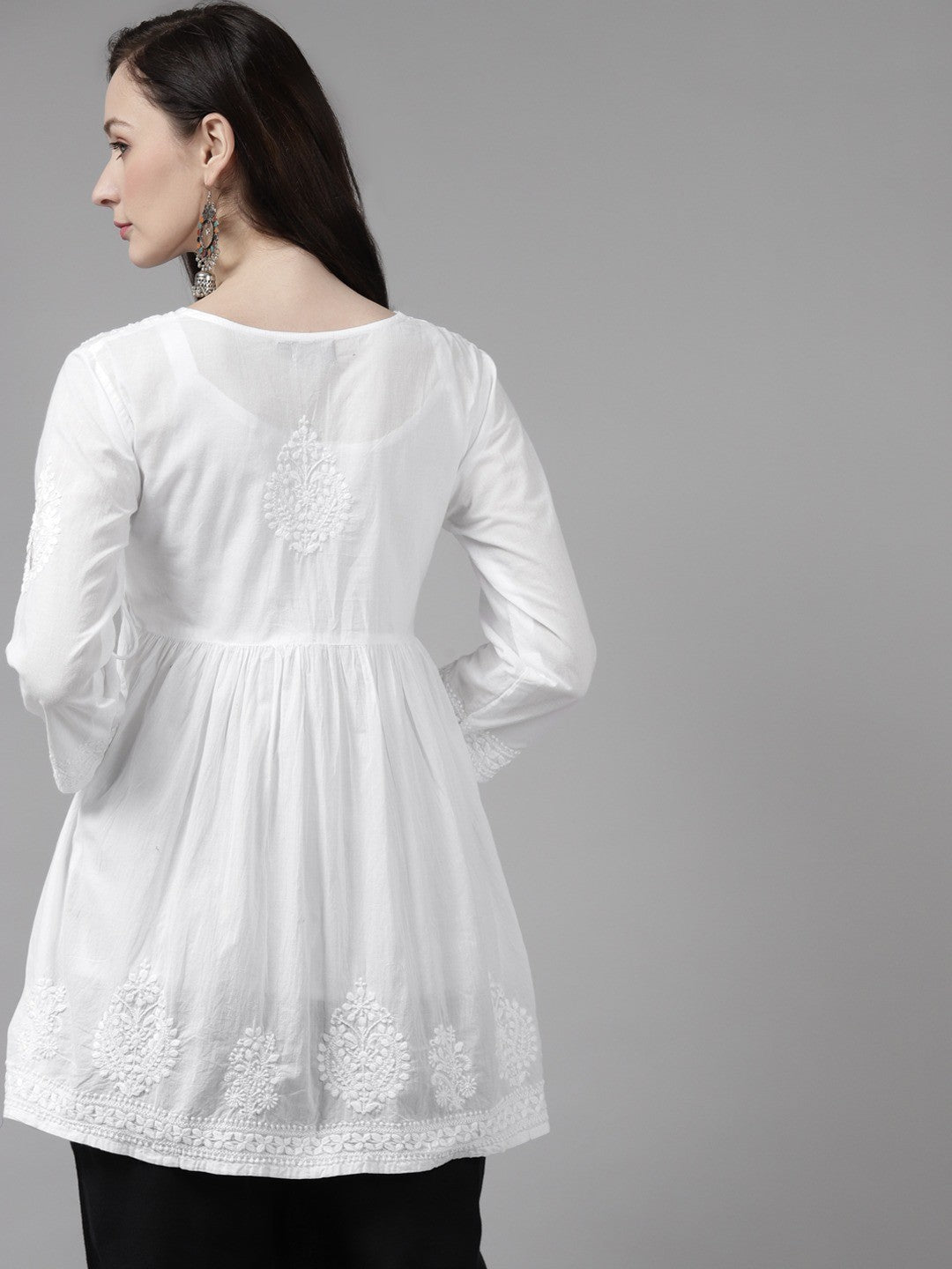 Ada Hand Embroidered White Cotton Lucknow Chikankari Angarkha Top A911159