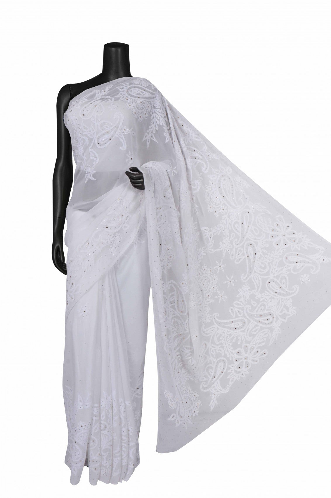 Ada Hand Embroidered White Georgette Lucknowi Chikankari Saree/Blouse With Muqaish Work 01A179414