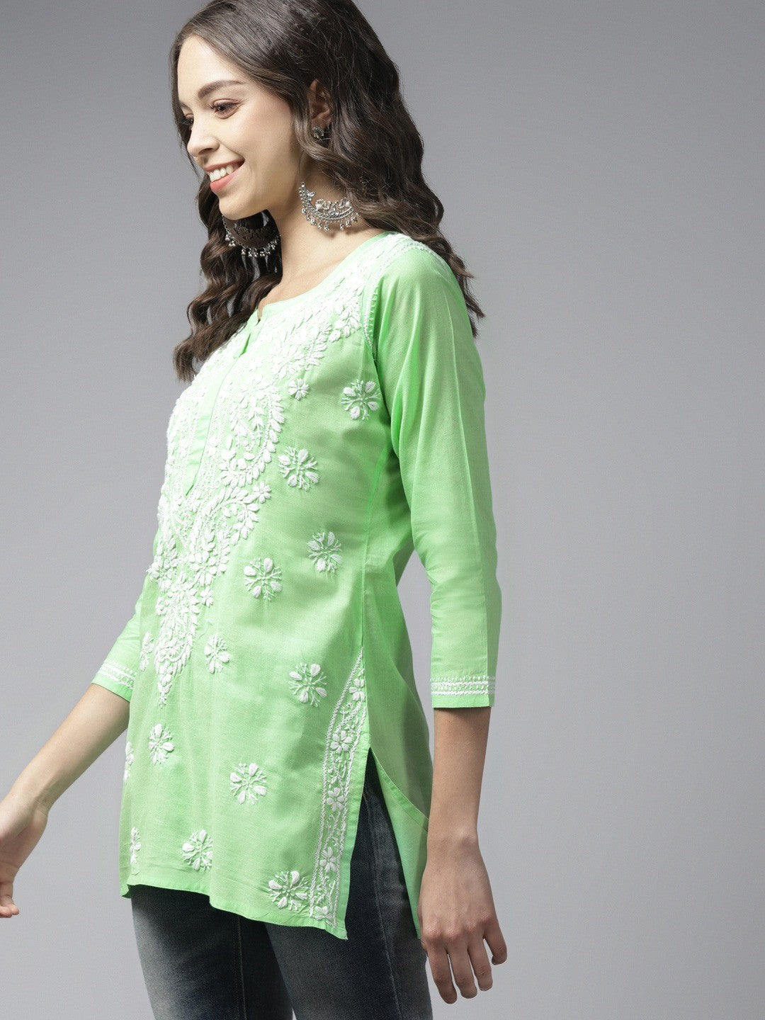 Ada Hand Embroidered Green Cotton Lucknowi Chikankari Short Kurti A911185