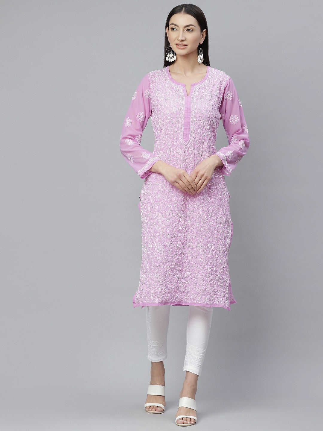 Ada Hand Embroidered Lavender and White Georgette Lucknowi Chikankari Kurta with Trouser Set A811141