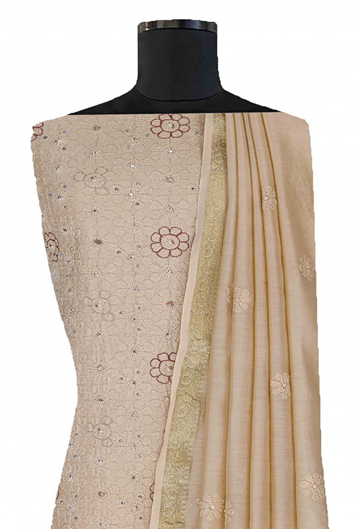 Ada Hand Embroidered Fawn Chanderi Lucknowi Chikankari Unstitched Kurta Dupatta A605701