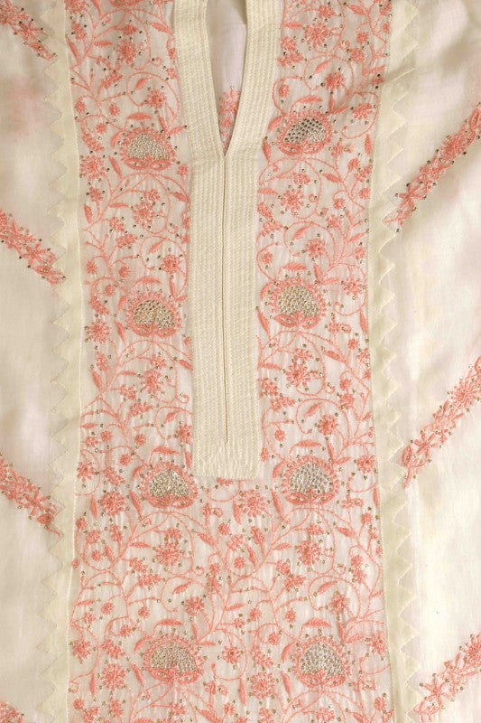 Ada Hand Embroidered Cream White Chanderi Lucknowi Chikan Unstitched Kurta Dupatta Set-A385896